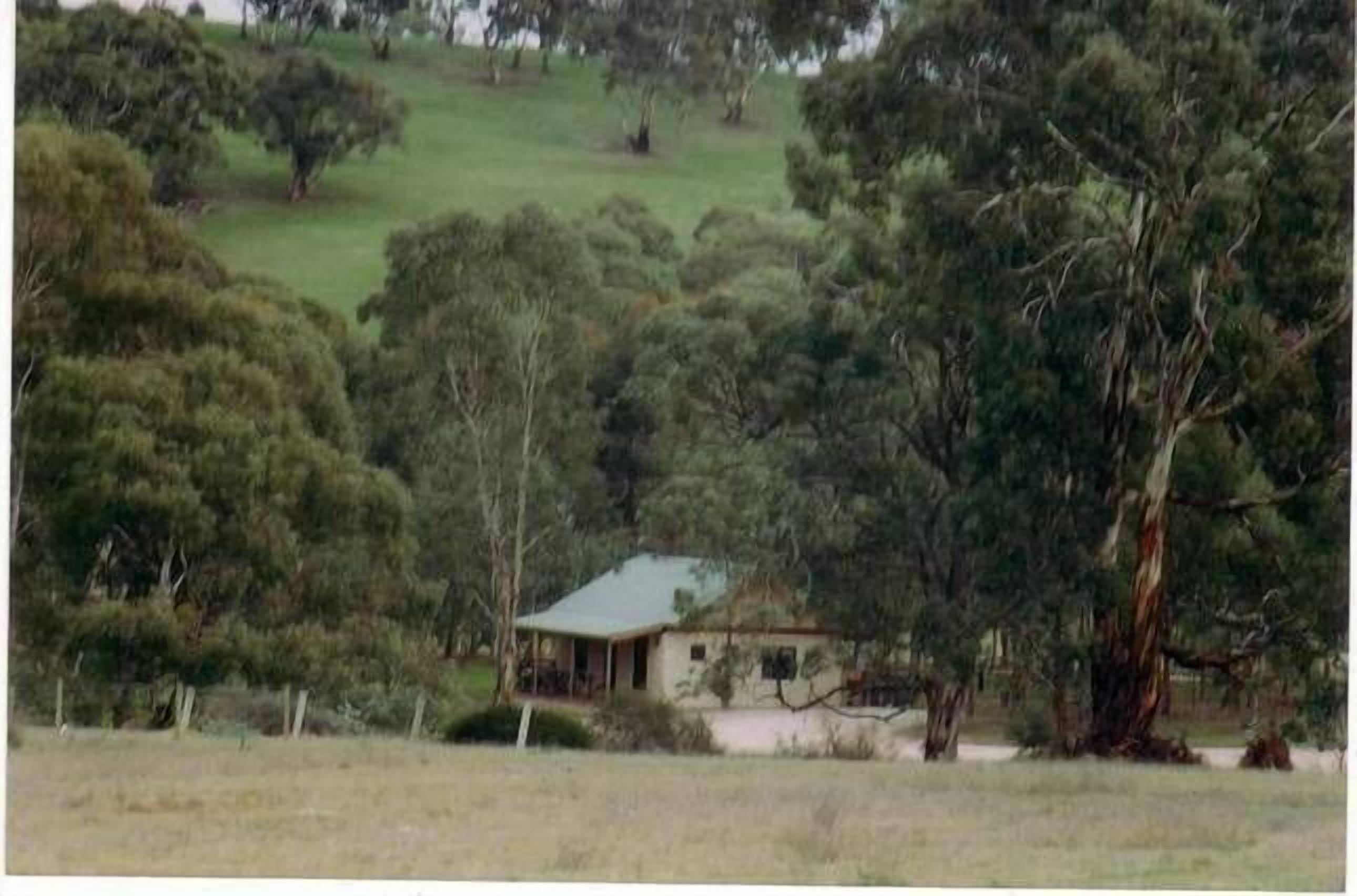 A rural house surrounded by trees and open fields.