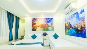A hotel room with two beds, a large window with a painting of a cityscape, and an air conditioning unit on the wall. - Venice Hotel (Ho Chi Minh City)