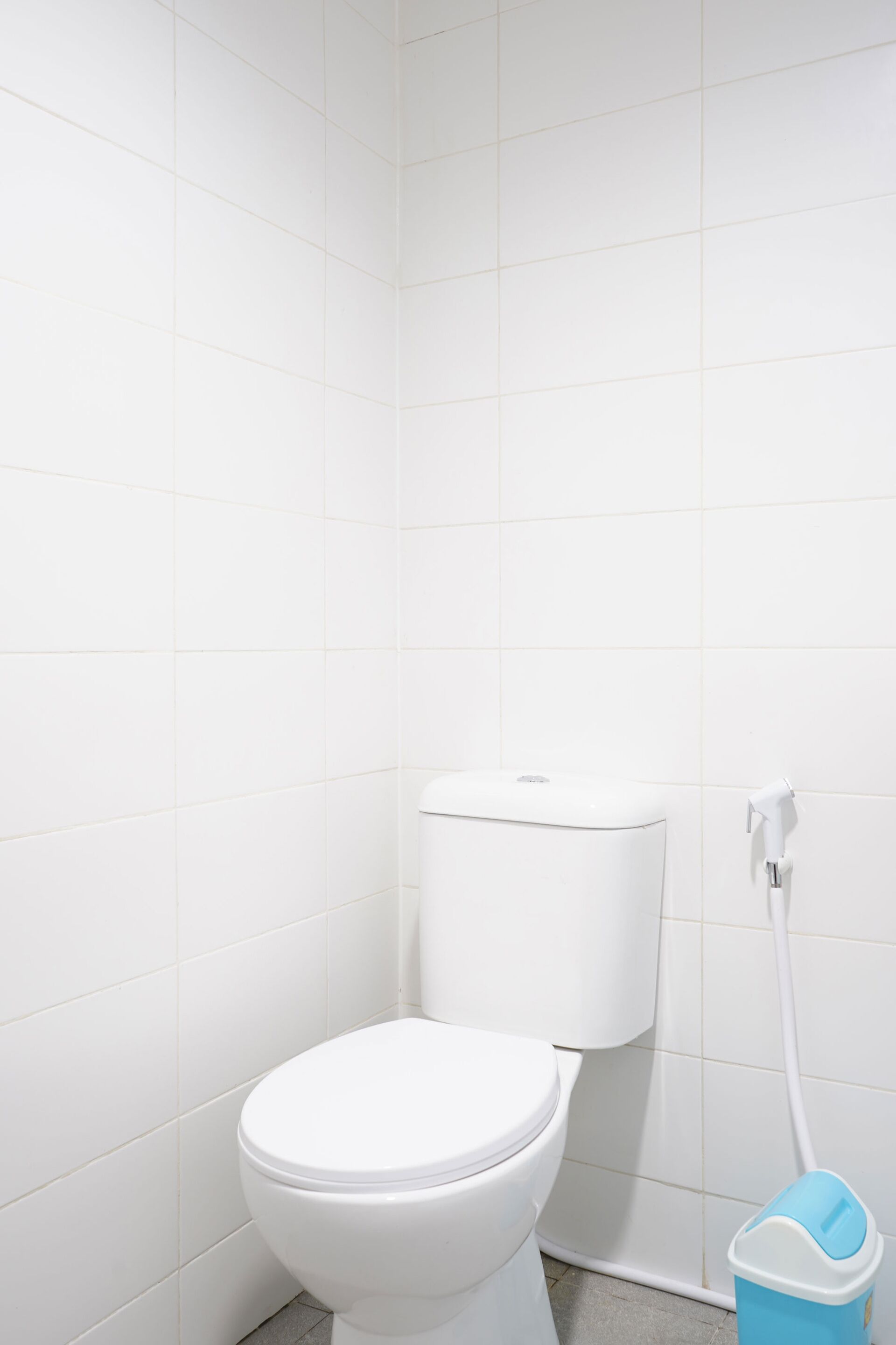 A white toilet with a tank and a bidet attachment in a bathroom with white tiled walls.