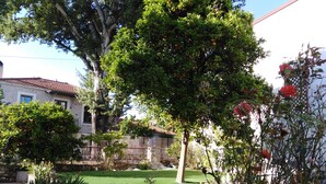 Un giardino curato con prato, un albero con frutti arancioni e un muro in pietra.