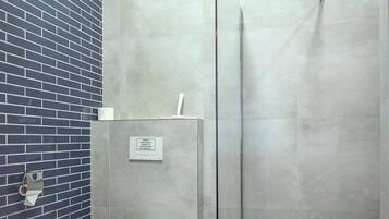A modern bathroom with a glass-enclosed shower, a white toilet, and a blue-tiled wall.