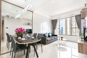 Luxury Apartment, 2 Bedrooms | Living area | 45-inch Smart TV with digital channels, TV, pay movies - VN Apartments (Ho Chi Minh City)