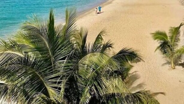 A beach with clear turquoise water, palm trees, and a distant mountain range. - Rold and Roub Home Suites by Cocotel (Puerto Galera)