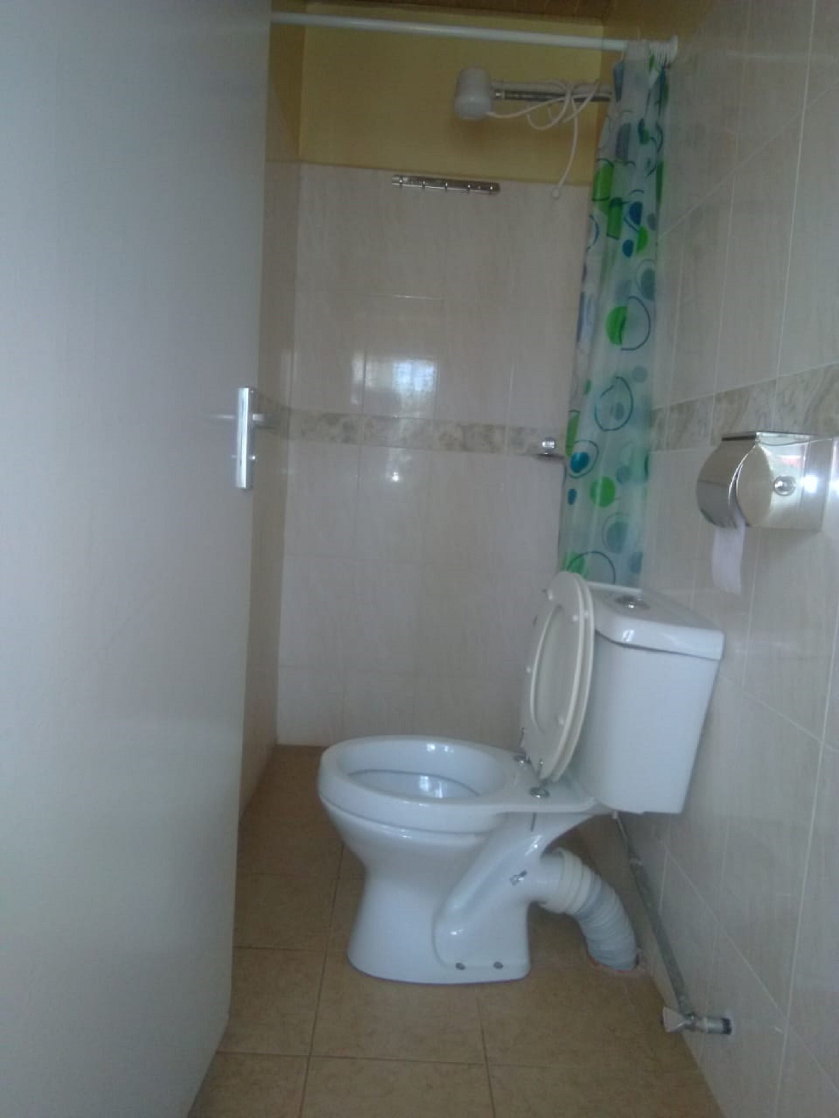 A bathroom with a toilet, a shower curtain, and a toilet paper holder.