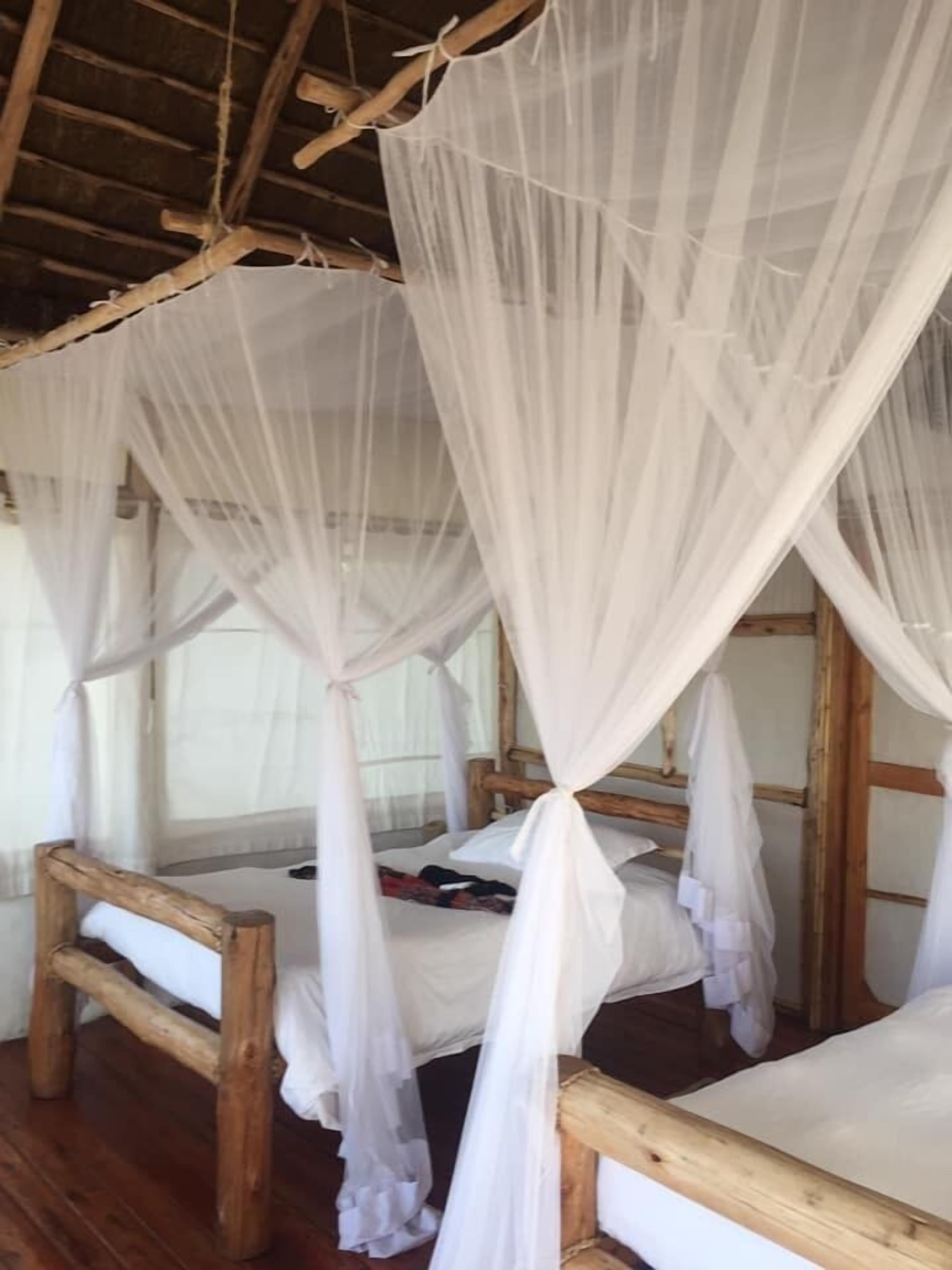 A room with four wooden beds, each with a canopy.