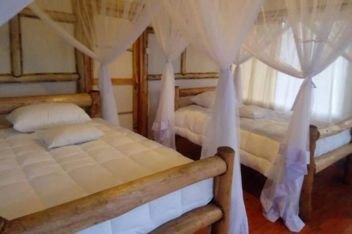 Quarto com duas camas de madeira, cada uma com colchão e almofadas brancas, cobertas por mosquiteiros brancos.