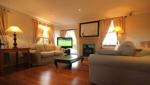 A living room with two sofas, a coffee table, a television, and a fireplace. - Lavender Cottage Upstairs 2 Bedrooms,2 Bathrooms with Magnificent mountain views (Cape Town)