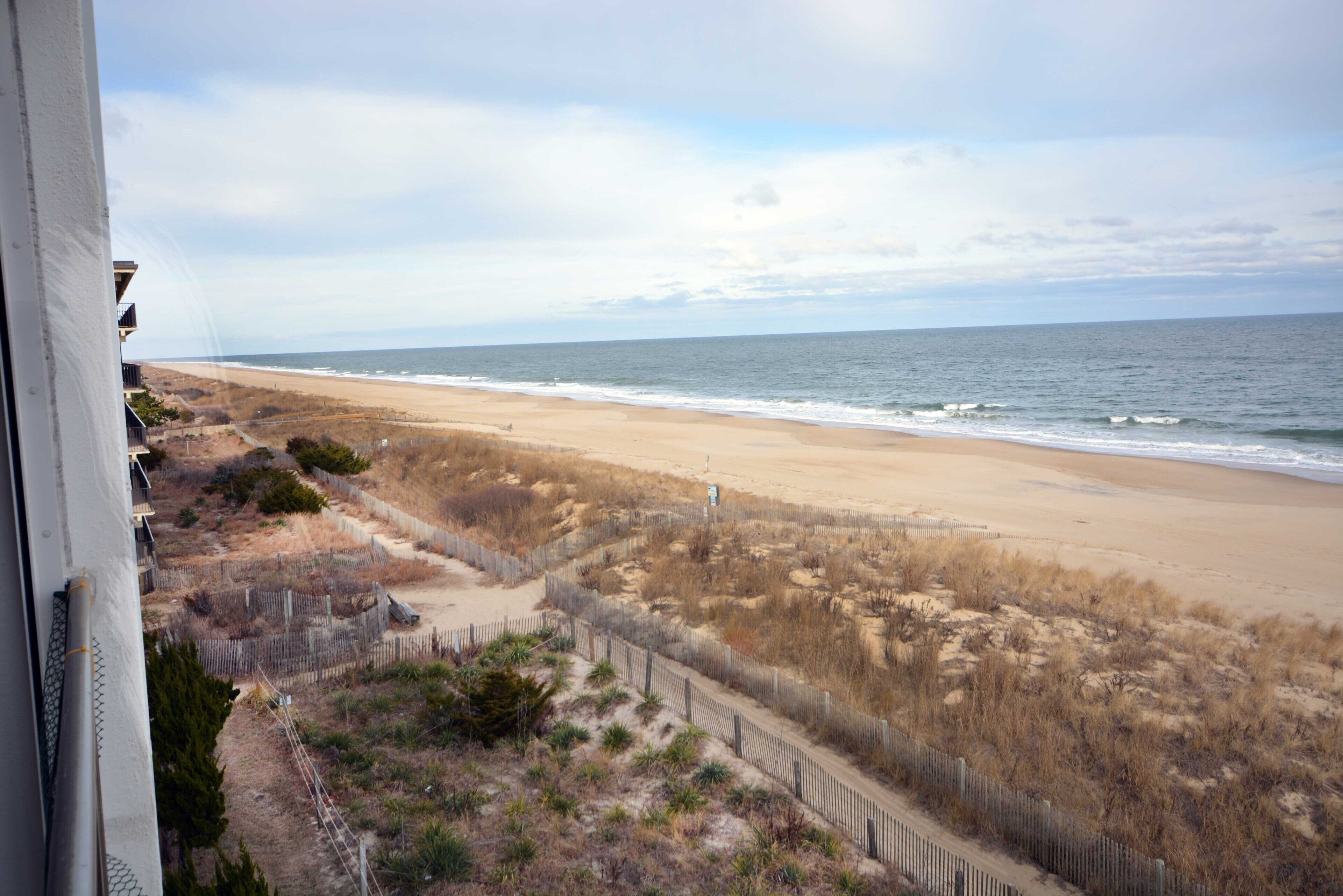 Vista de una playa con arena, una cerca de madera y vegetación escasa.