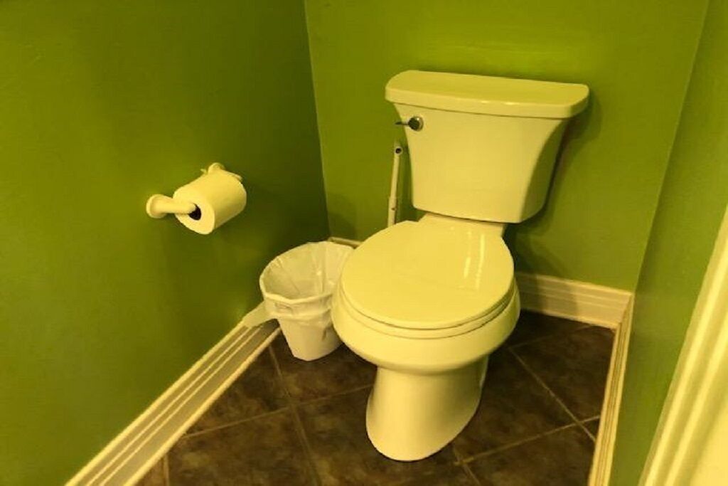 Eine Toilette mit weißem Tank und Sitz, einem Toilettenpapierrollenhalter und einem Mülleimer in einem Badezimmer mit grünen Wänden und braunen Fliesen.