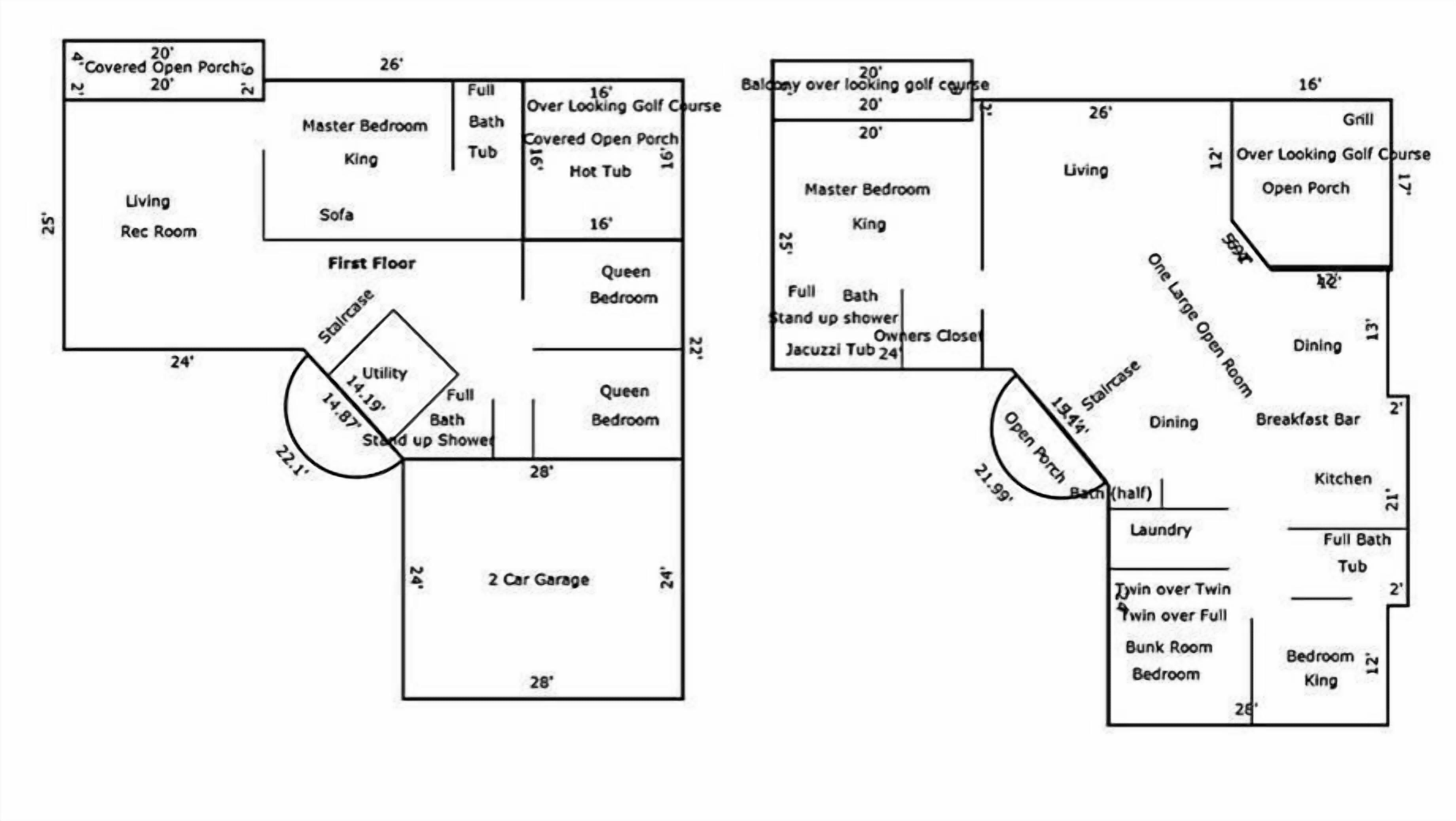 Plano de planta de un hotel que muestra un dormitorio principal, sala de estar y un balcón con vistas a un campo de golf.