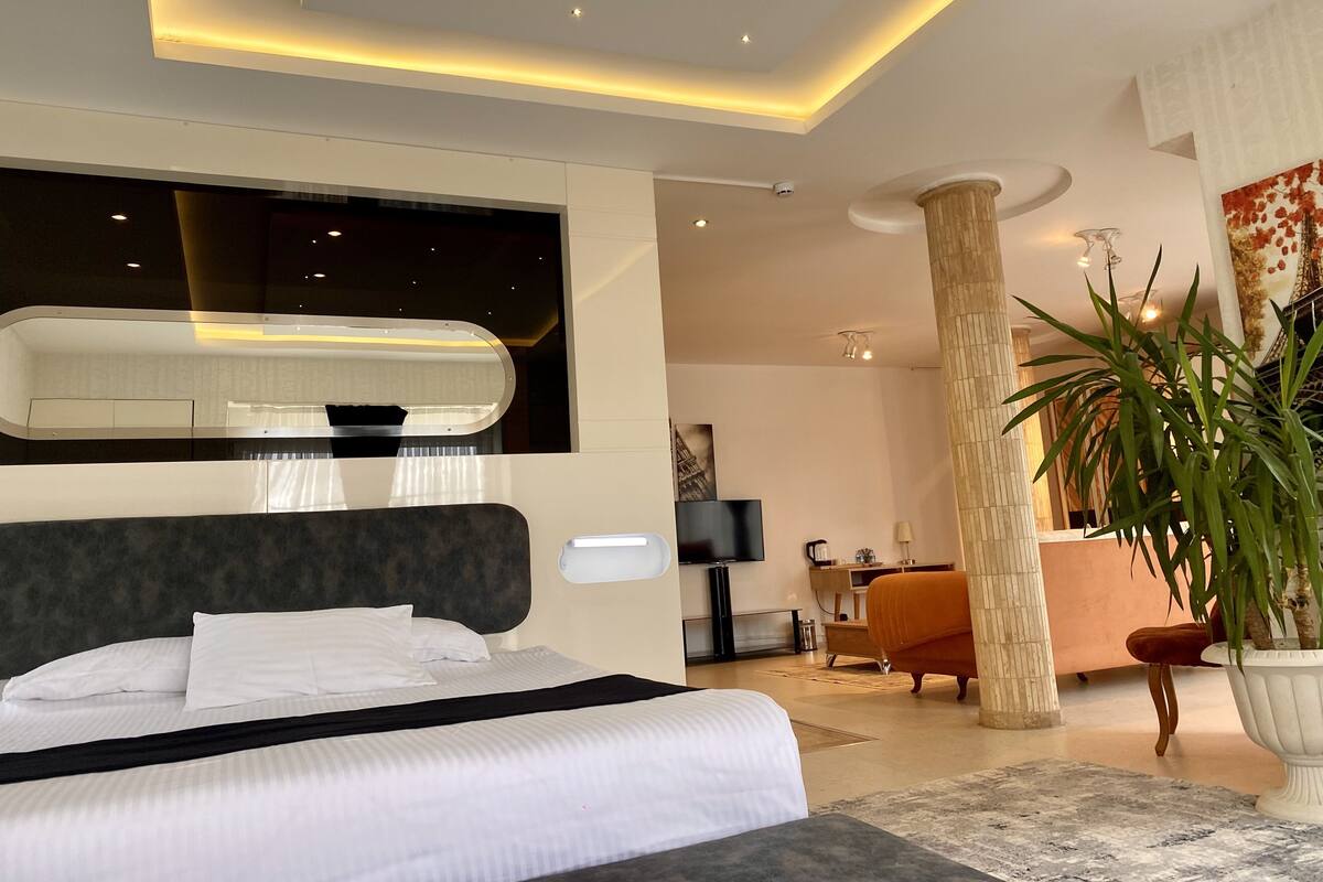 A modern hotel room with a large bed, a flat-screen TV, a large window, and a potted plant.