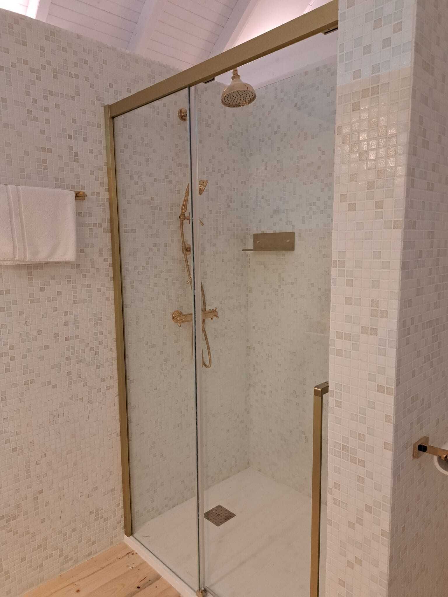 A glass-enclosed shower with a showerhead, a towel rack, and a small shelf.