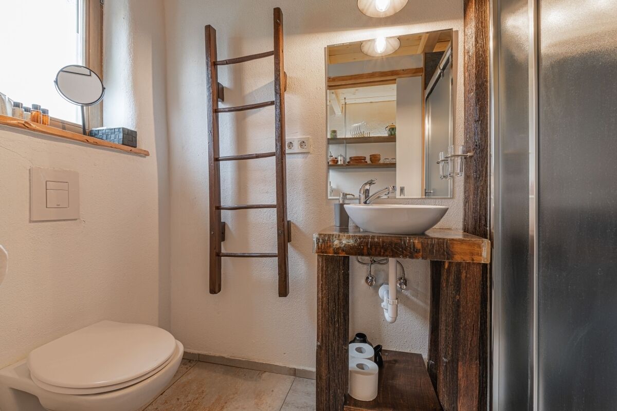 Een badkamer met een houten ladder, een wit toilet, een wastafel met een spiegel erboven en een plank met toiletartikelen.