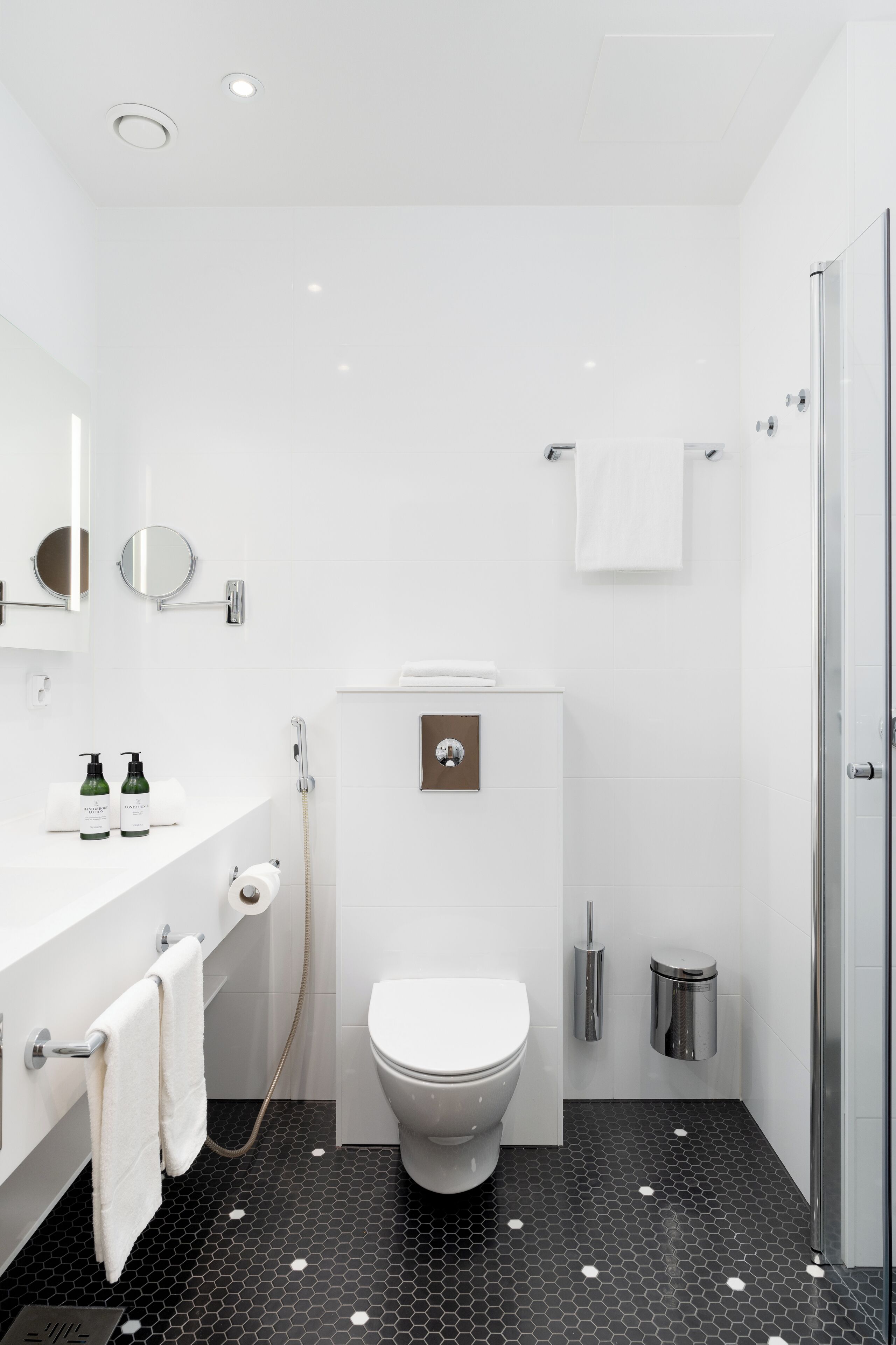 Un baño moderno con inodoro, lavabo y ducha.