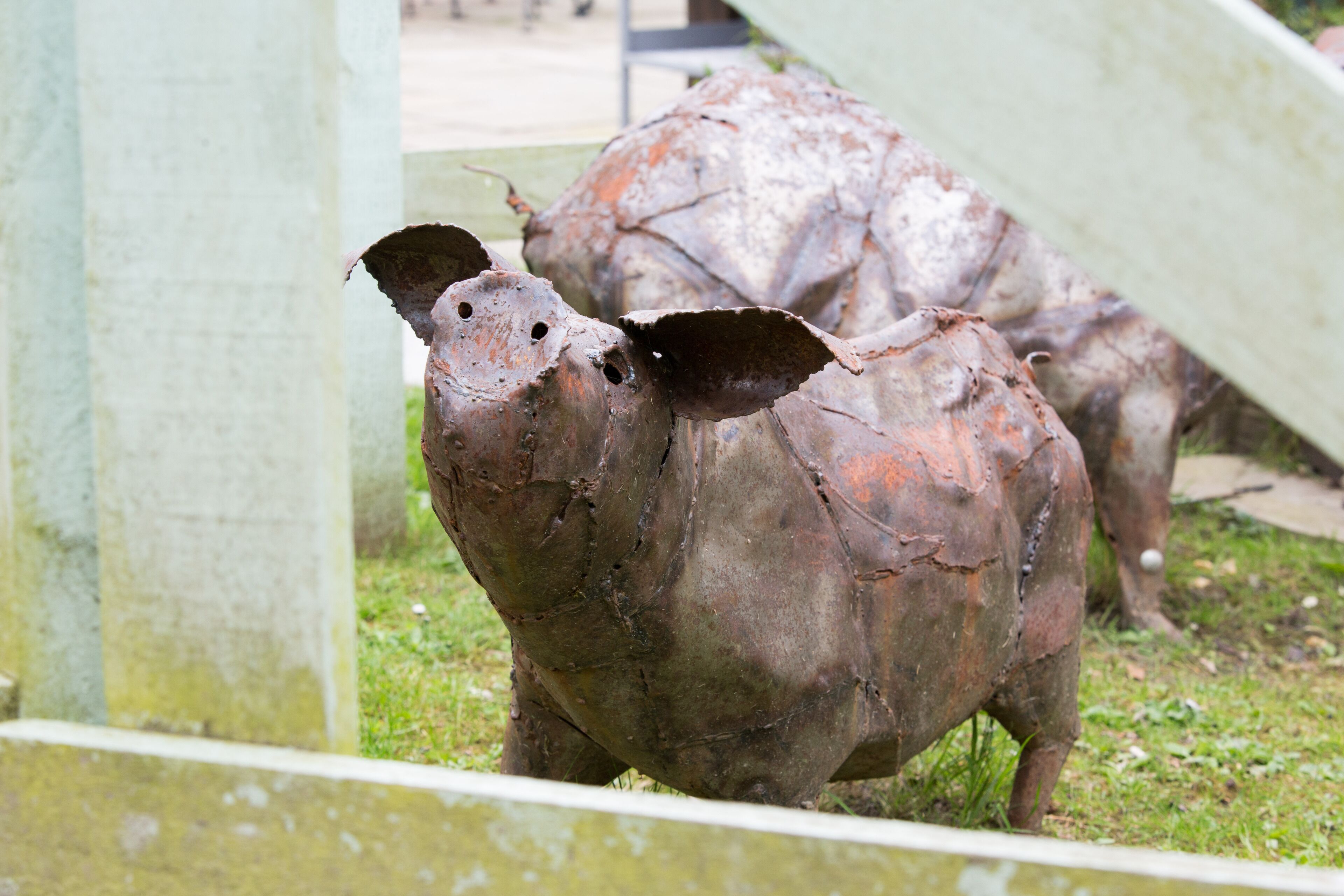 Una gran escultura de metal oxidado de un toro en un entorno exterior.