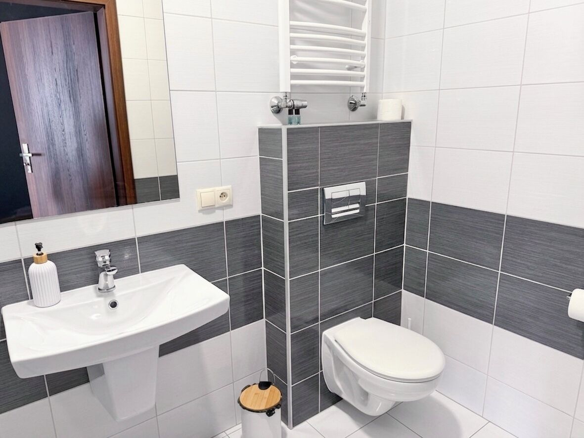 A bathroom with a white sink, a toilet, and a mirror.