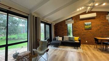 Smart TV, fireplace, books, stereo