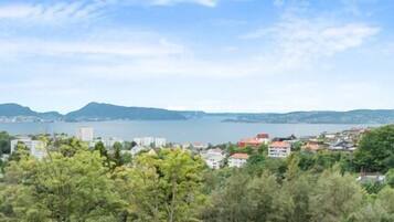 A coastal town with residential buildings, a body of water, and mountains in the background.
