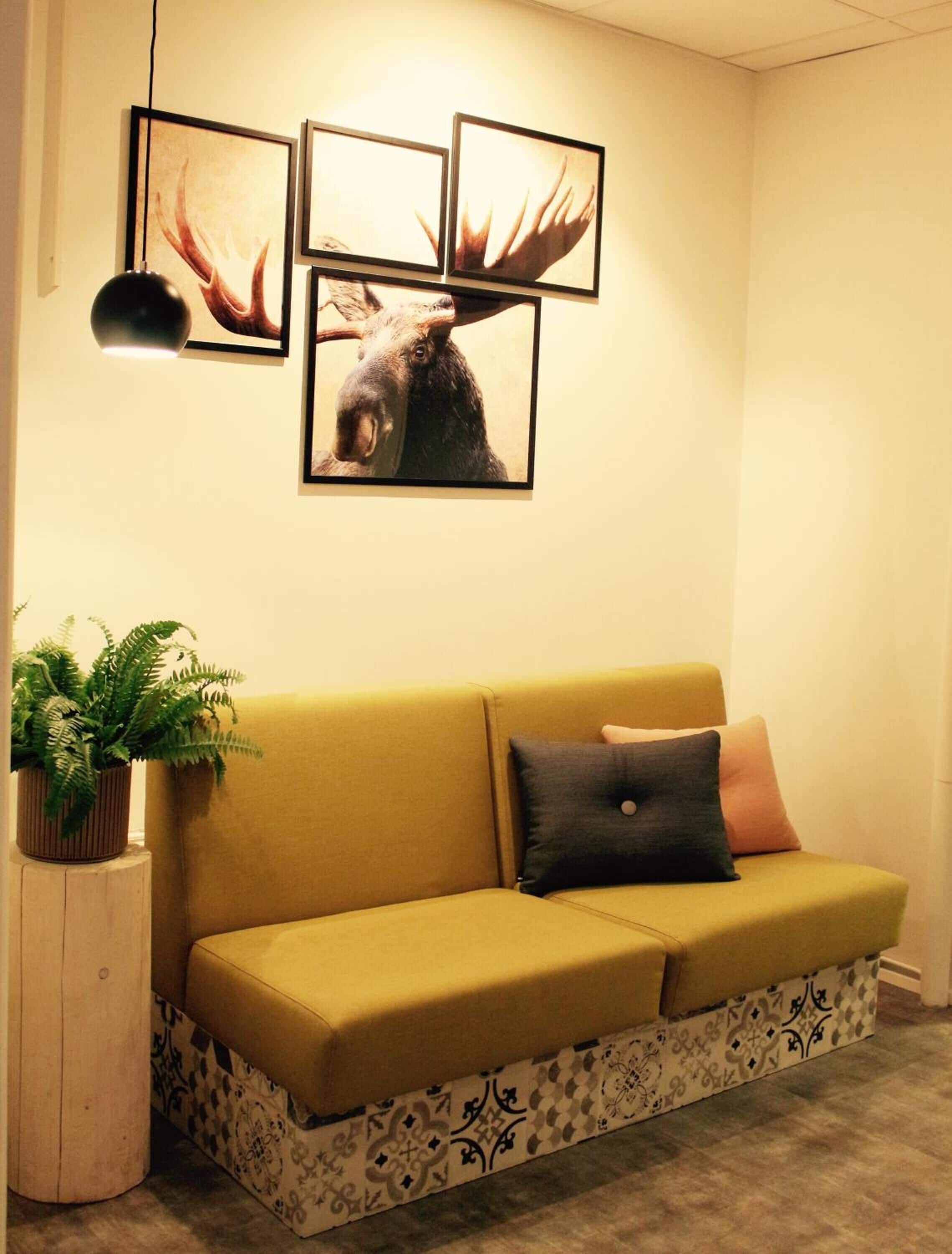 Una sala de estar con un sofá color mostaza, un helecho en maceta y cuadros en la pared.