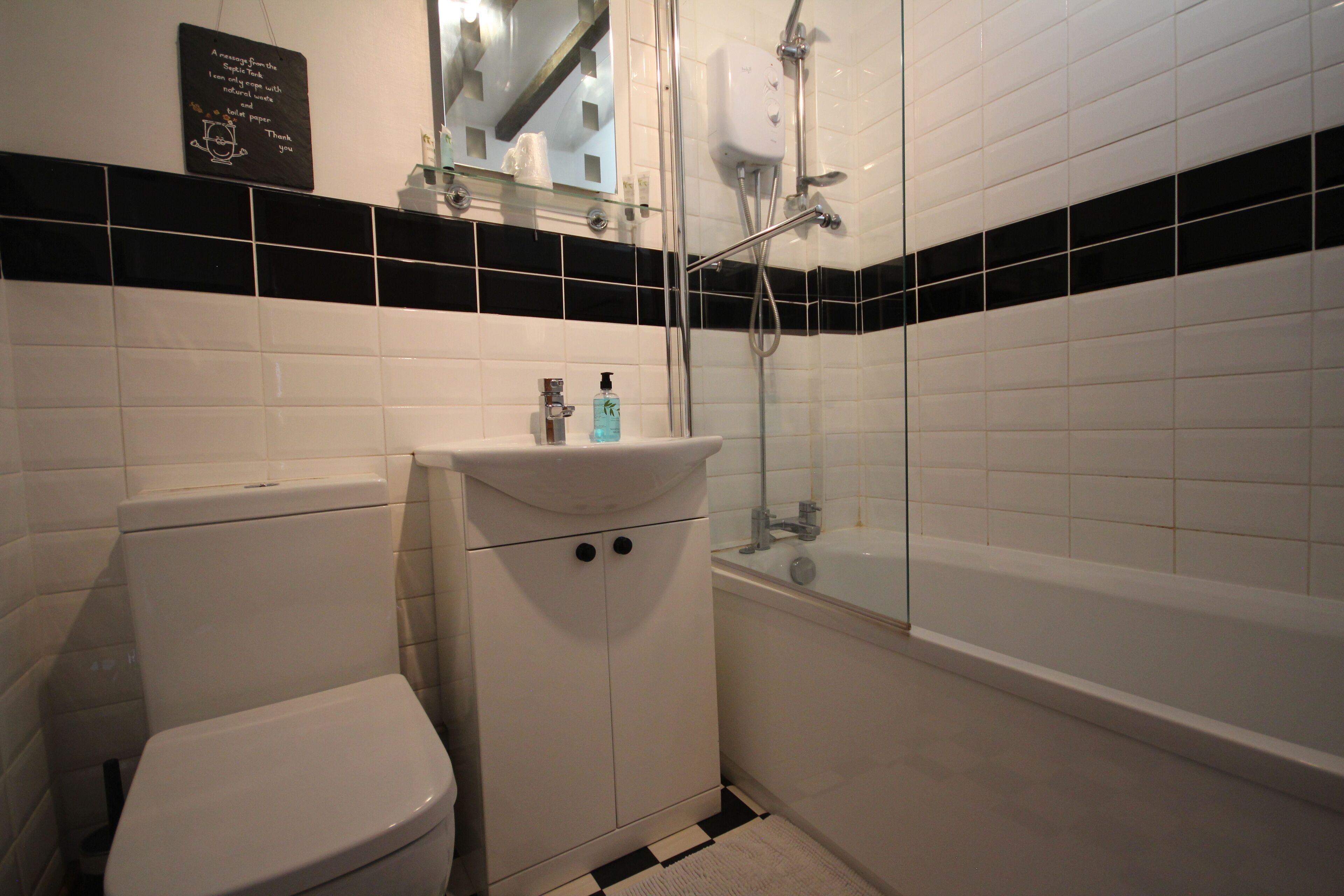 Combined shower/tub, hair dryer, towels, soap