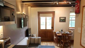 Älytelevisio, takka, DVD-soitin, kirjoja