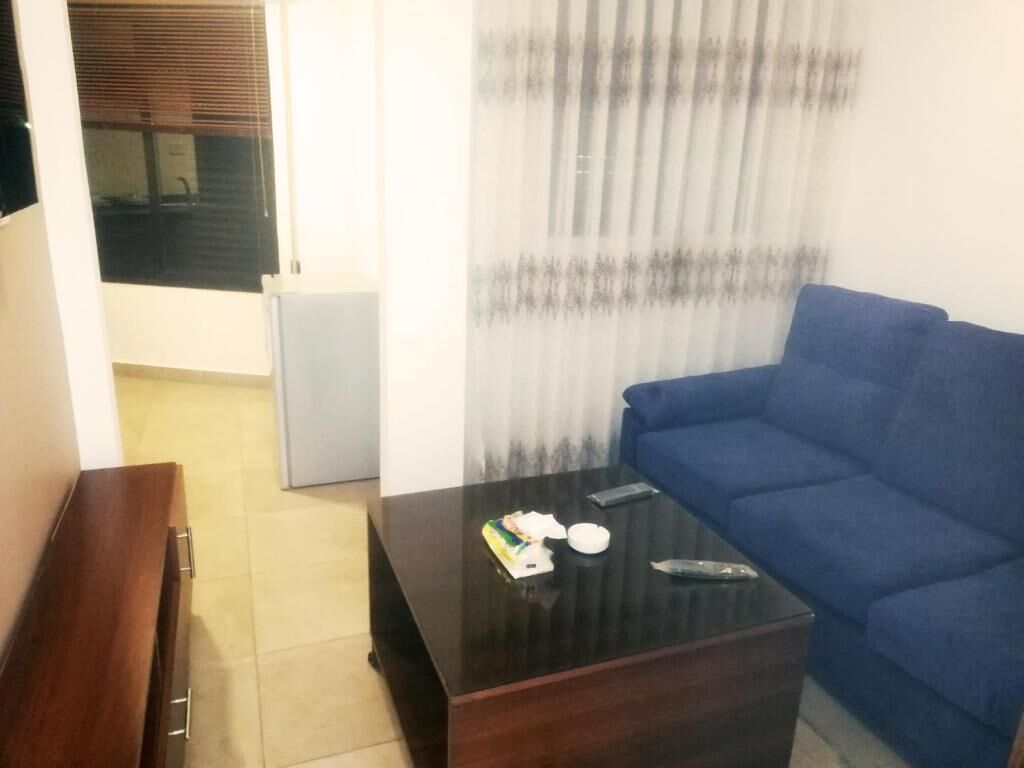 A living room with a blue sofa, a dark wooden coffee table, and a white door.