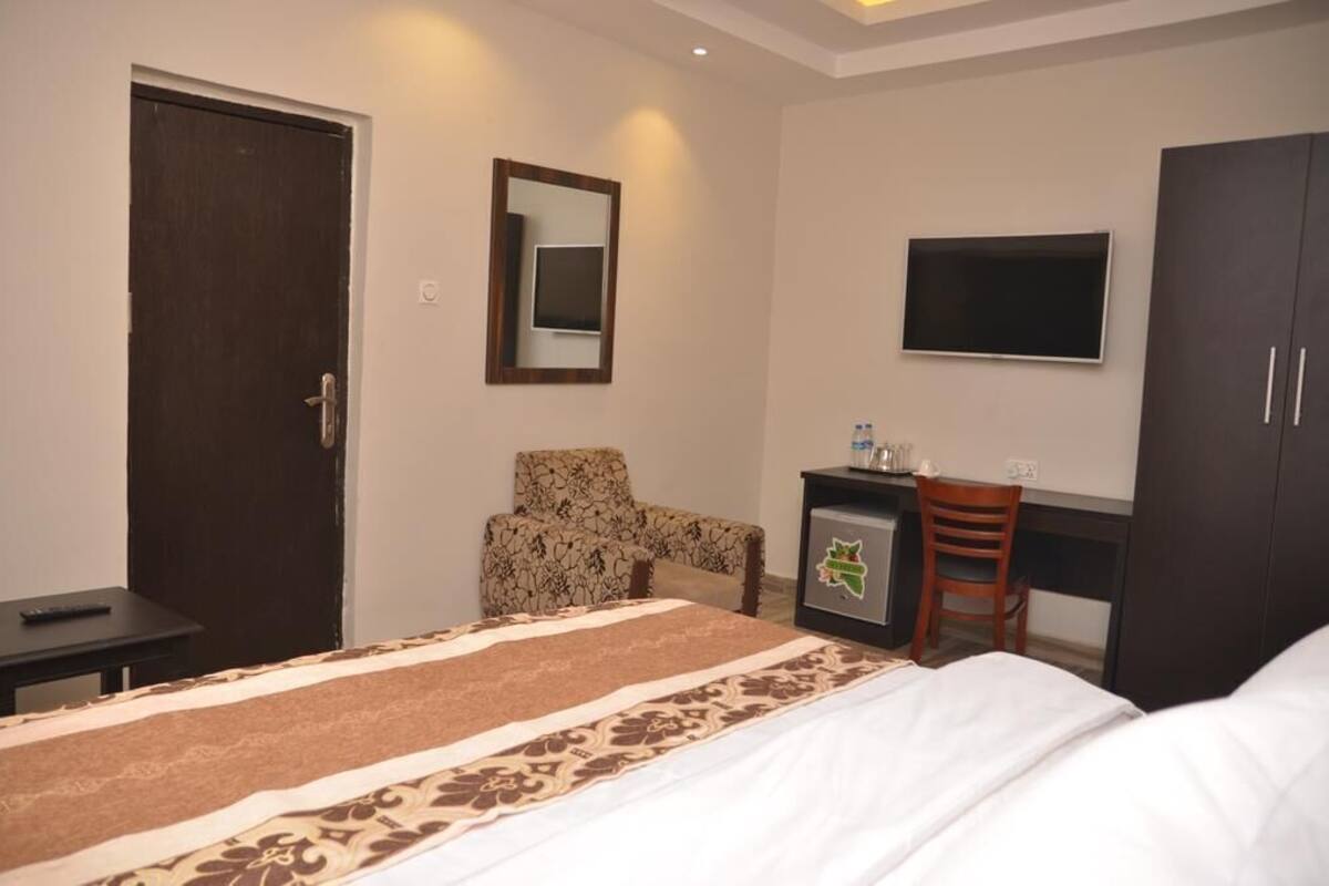 A hotel room with a bed, a desk with a chair, a TV, and a wardrobe.