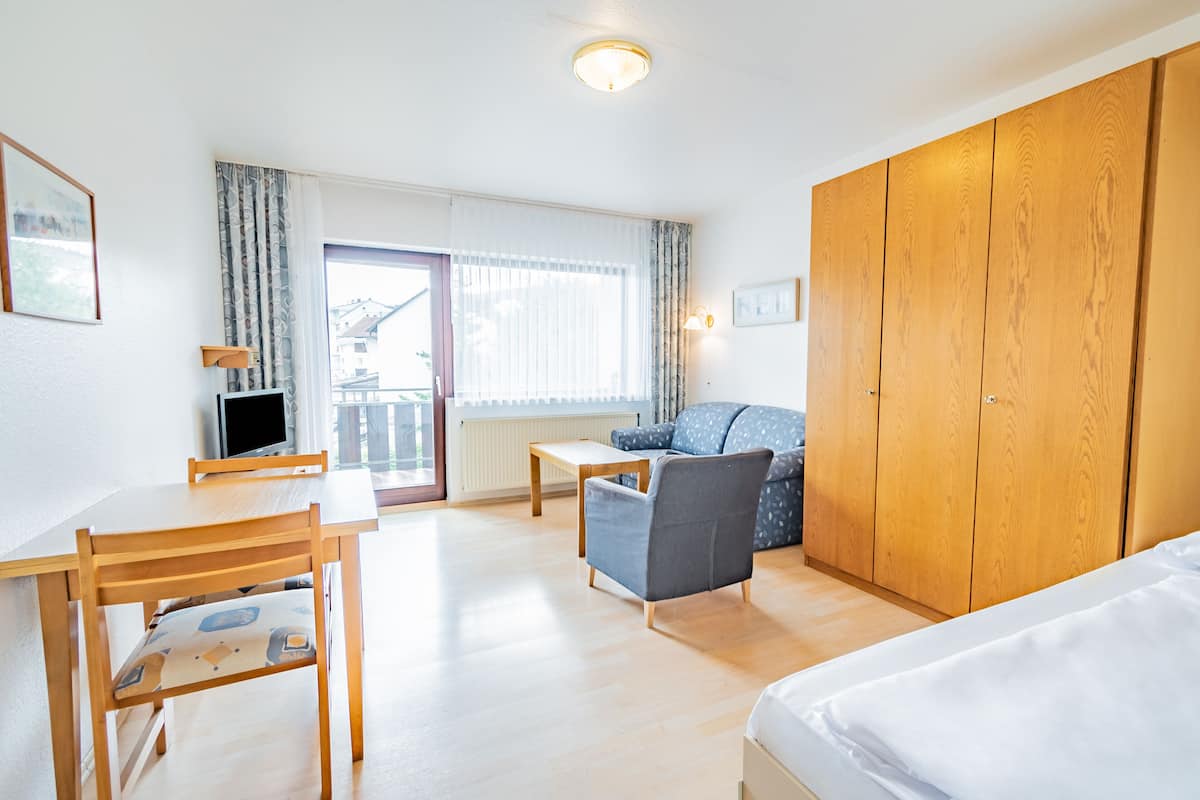 A hotel room with a wooden desk, a chair, a sofa, a bed, a wardrobe, and a television.