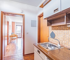 Cozinha com pia de aço inoxidável, armários de madeira e painel de azulejos.