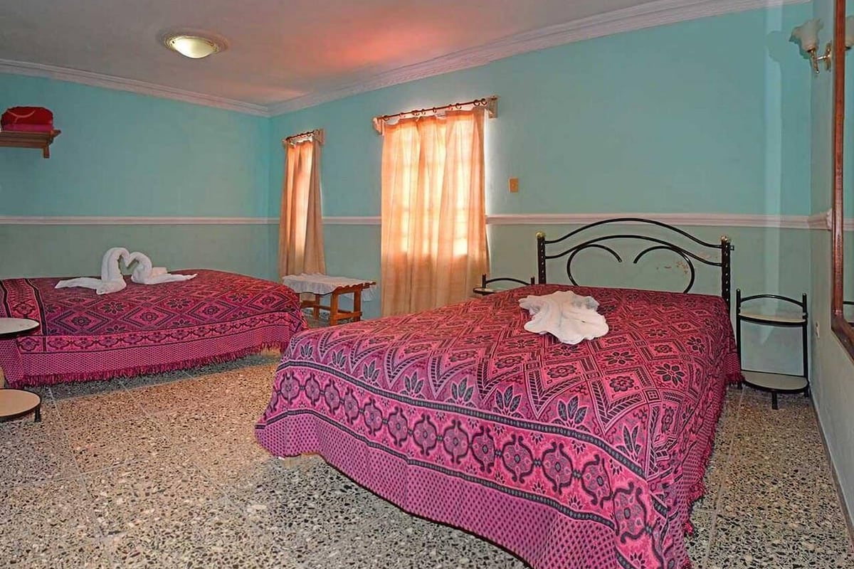 A room with two beds, each with a patterned bedspread and a white towel on one.