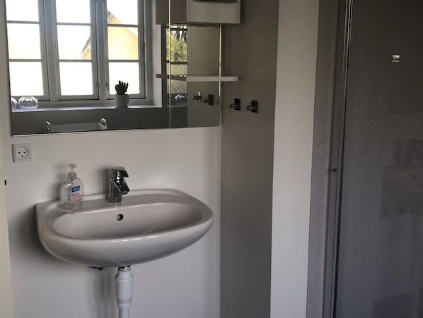 Un baño con un lavamanos blanco, un espejo encima y una ventana con vista al exterior.