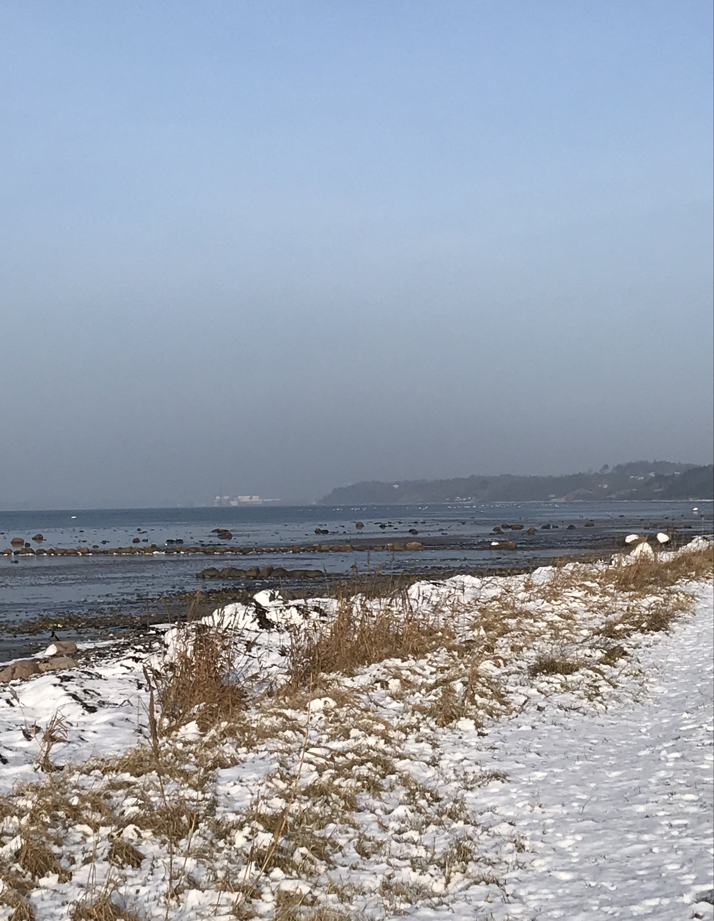 A coastal path with snow-covered ground and rocky outcrops.