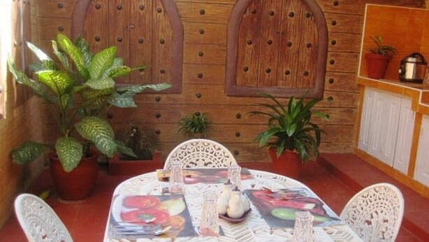 Una mesa redonda con sillas blancas, rodeada de plantas en macetas, en una habitación con paredes de madera y suelo de baldosas.