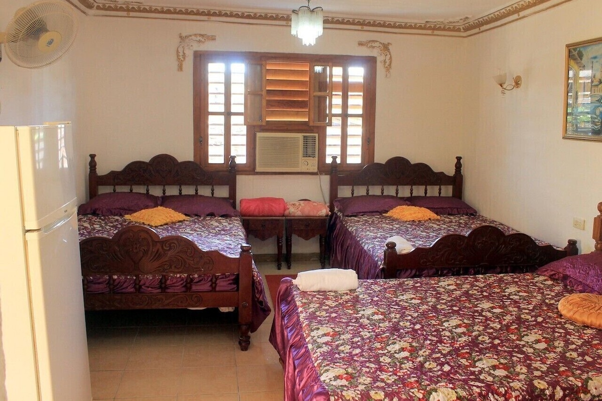 A bedroom with two wooden beds, a ceiling fan, and a window with blinds.