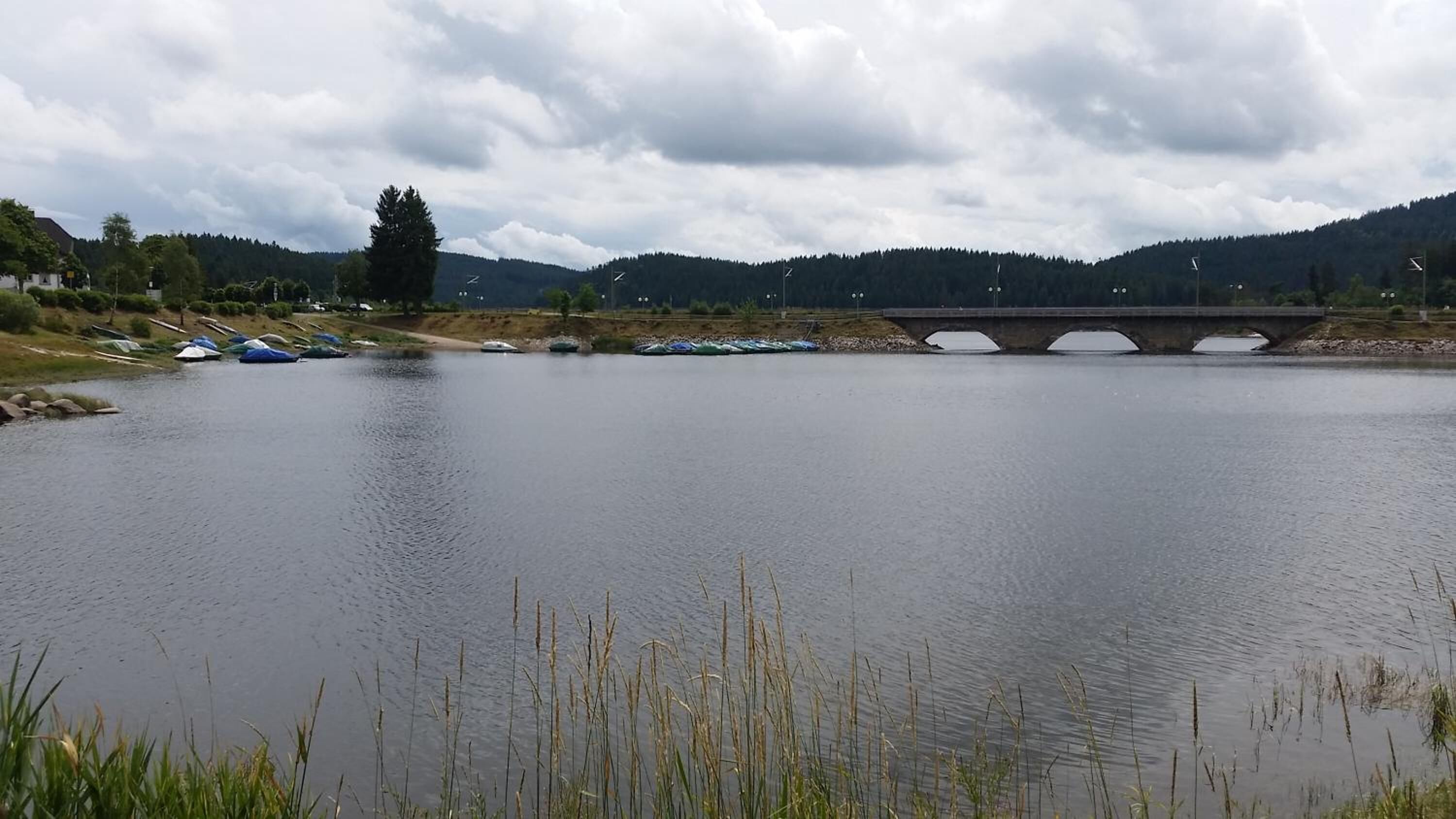 A calm lake with a bridge in the background, surrounded by hills and trees.