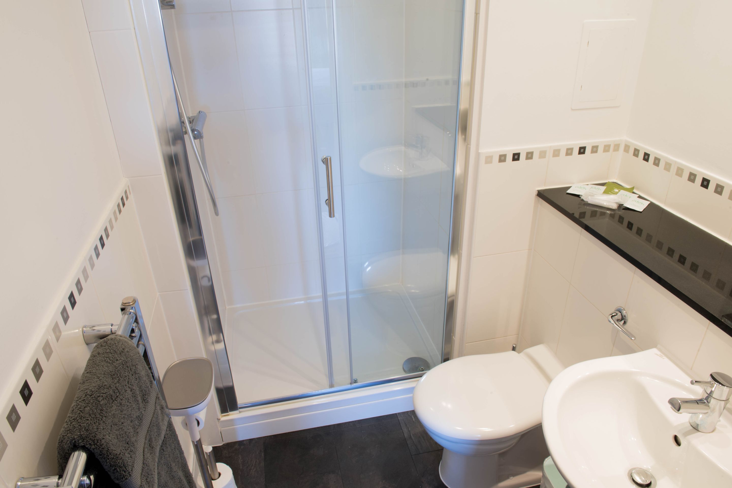 A bathroom with a glass-enclosed shower, a white toilet, and a sink with a black countertop.