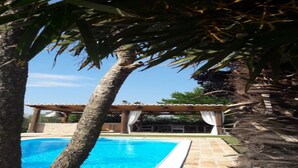 En swimmingpool med fliseterrasse, omgivet af palmer og en pergola med hvide gardiner.
