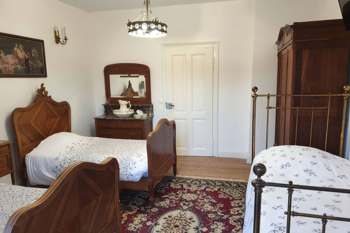 A bedroom with two wooden beds, a nightstand, a dresser, a mirror, and a chandelier.