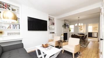 Smart TV, fireplace, books