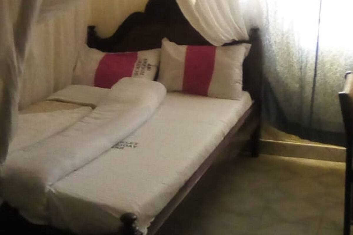 A bed with a canopy, pillows, and a headboard.