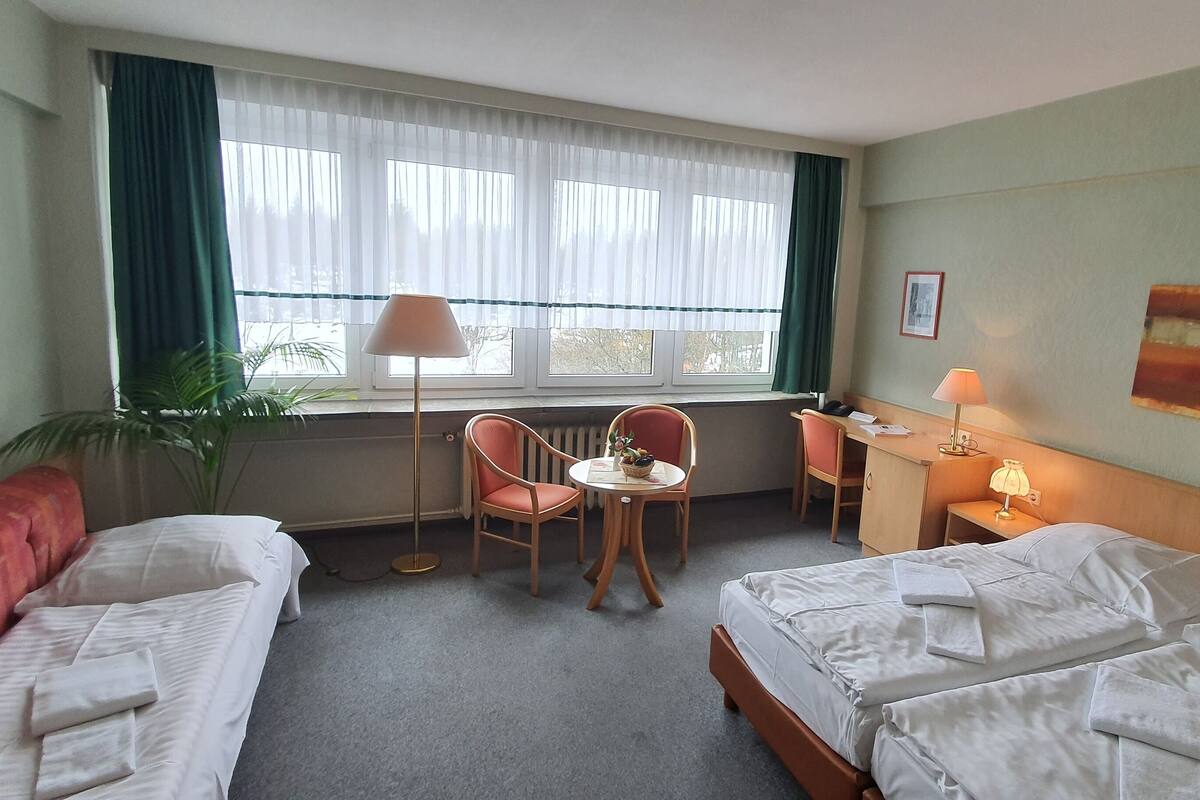 Desk, cribs (free), rollaway beds (surcharge), WiFi (free)