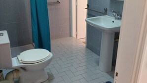 A bathroom with a toilet, sink, and shower area. - F2 UDDERS AT MAYAA (Ngor)