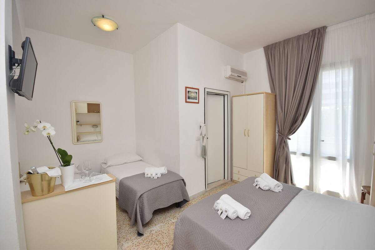 A hotel room with two beds, a desk with a plant, a TV, and a wardrobe.