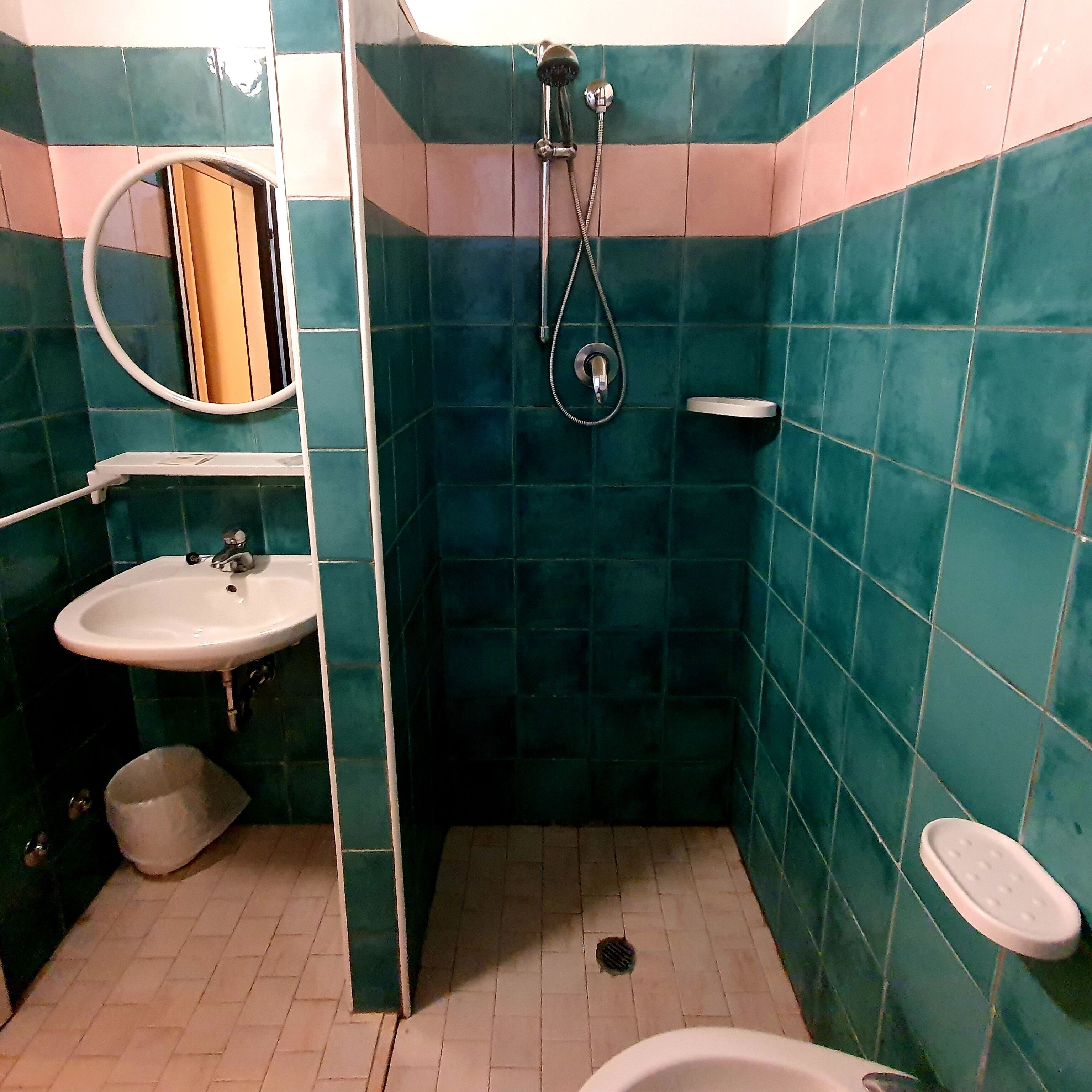 A bathroom with a sink, mirror, shower, and toilet.