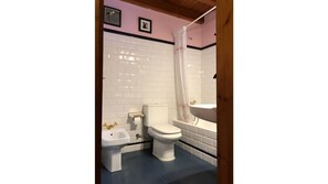 Hair dryer, bidet, towels, soap