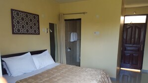 Habitación de hotel con una cama grande, ducha y puerta que da a otra habitación.
