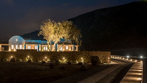 A building with a dome-shaped structure, a tree in front, and a stone wall. - Phaos at Cellaria Estate (Santorini)