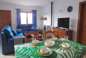 TV connectée, cheminée, lecteur de DVD, livres