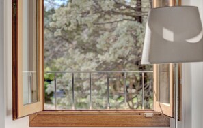 A window with a wooden frame and a metal railing.