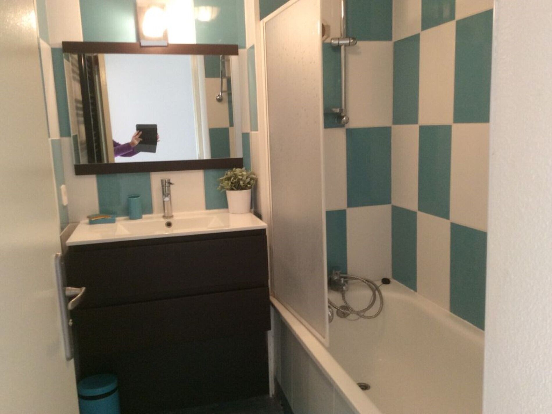 Un baño con un lavamanos blanco, un espejo, una planta en maceta y una ducha con azulejos a cuadros.
